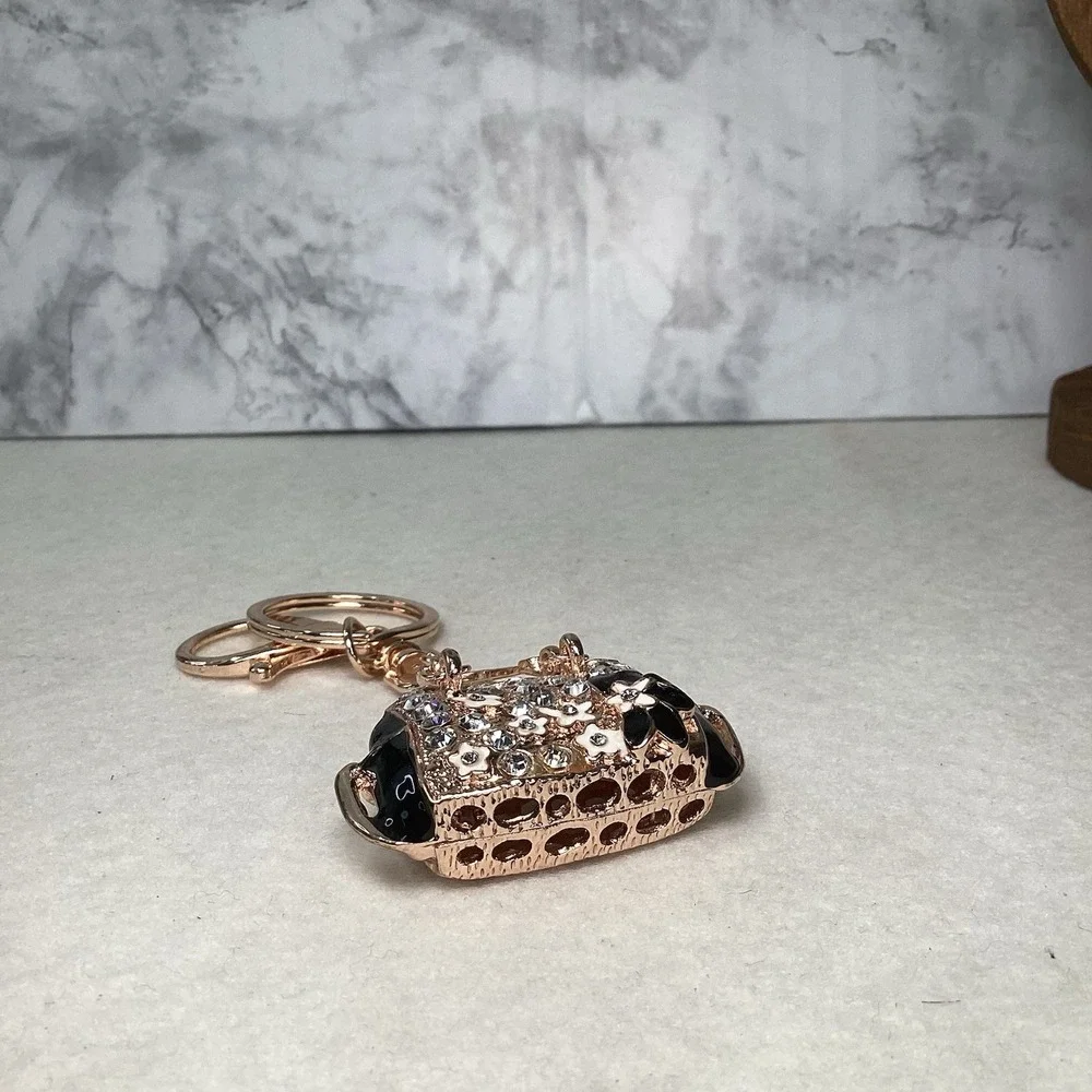 2-Way Black Floral Rhinestone Handbag Charm‎ - Key Chain Rose Gold Tone EUC